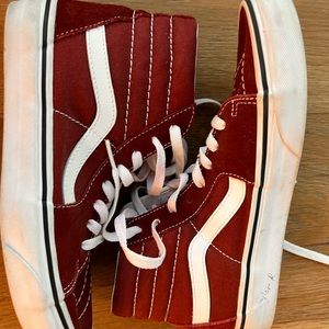 Sk8-Hi Vans Hi-Tops. Shoelaces have some bleeding from the maroon suede.